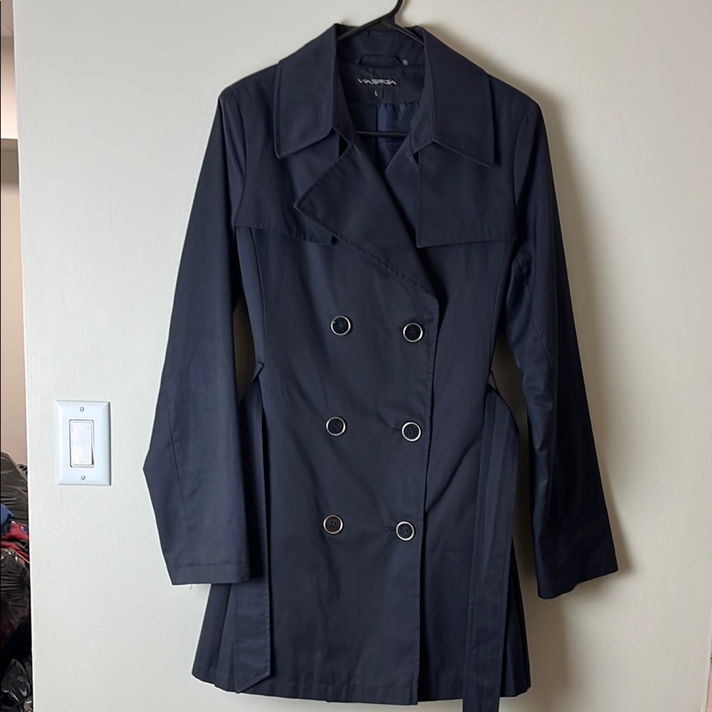 Via Spiga Navy Trench Coat Size Large – Feminine Pleated Back Detail